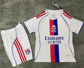 Maillot de football enfant Lyon domicile 2025-26 blanc rouge bleu